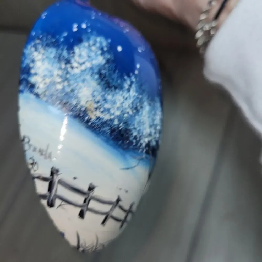 Vtg Handpainted Blue & White Decorative Metal Spoon Snow Scene Artist Sighned